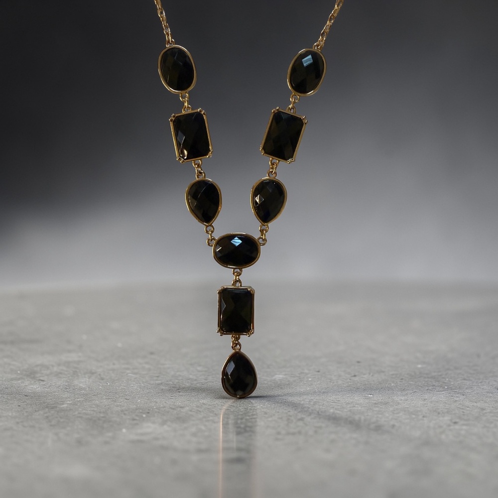 Elegant Gold Tone Black Stone Necklace & Earrings Set